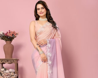 Hell Rosa Organza Seide Saree: Gestickte Borte, Bollywood Stil