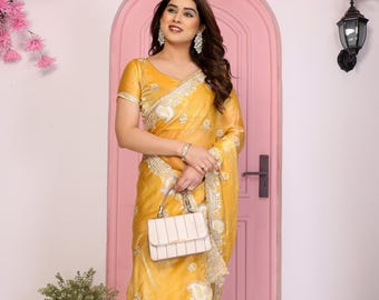 Mustard Yellow Sequin Embroidered Chiffon Saree: Wedding & Festive Wear