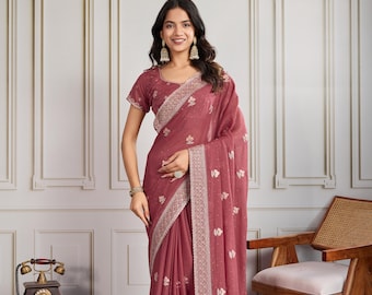 Maroon Georgette Saree: Embroidered Diamond Work, Lace Border
