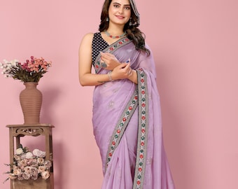 Sari in organza ricamato: morbido sari lilla di Bollywood con camicetta non cucita
