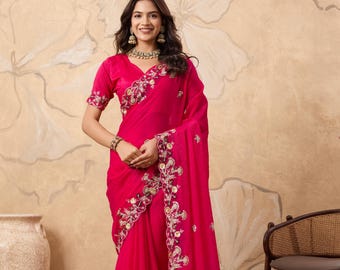 Designer Pink Chiffon Saree with Sequins Embroidery | Party Wedding Wear Saree Unstitched Blouse