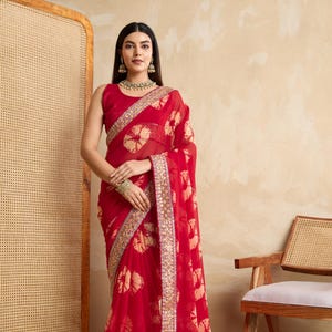 Georgette Saree with Traditional Print & Lace Border | Stunning Saree for Festive and Party Wear | Lightweight Ethnic Saree for Women | Gift