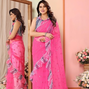 Pink Net Saree: Floral Embroidery, Ruffle Border, Georgette Blouse