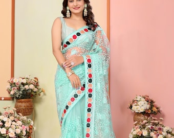 Light Blue Color Georgette Heavy Embroidered Border Work Saree | Saree for USA Women | Soft Net Saree | Wedding Wear Sari | Sari Blouse