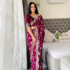 Elegant Wine Purple Color Georgette Saree with Floral Print and Embroidery Work | Traditional Indian Saree for Festive & Party Wear | Gift