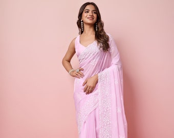 Baby Pink Organza Silk Saree: Floral Embroidery Bollywood Sari