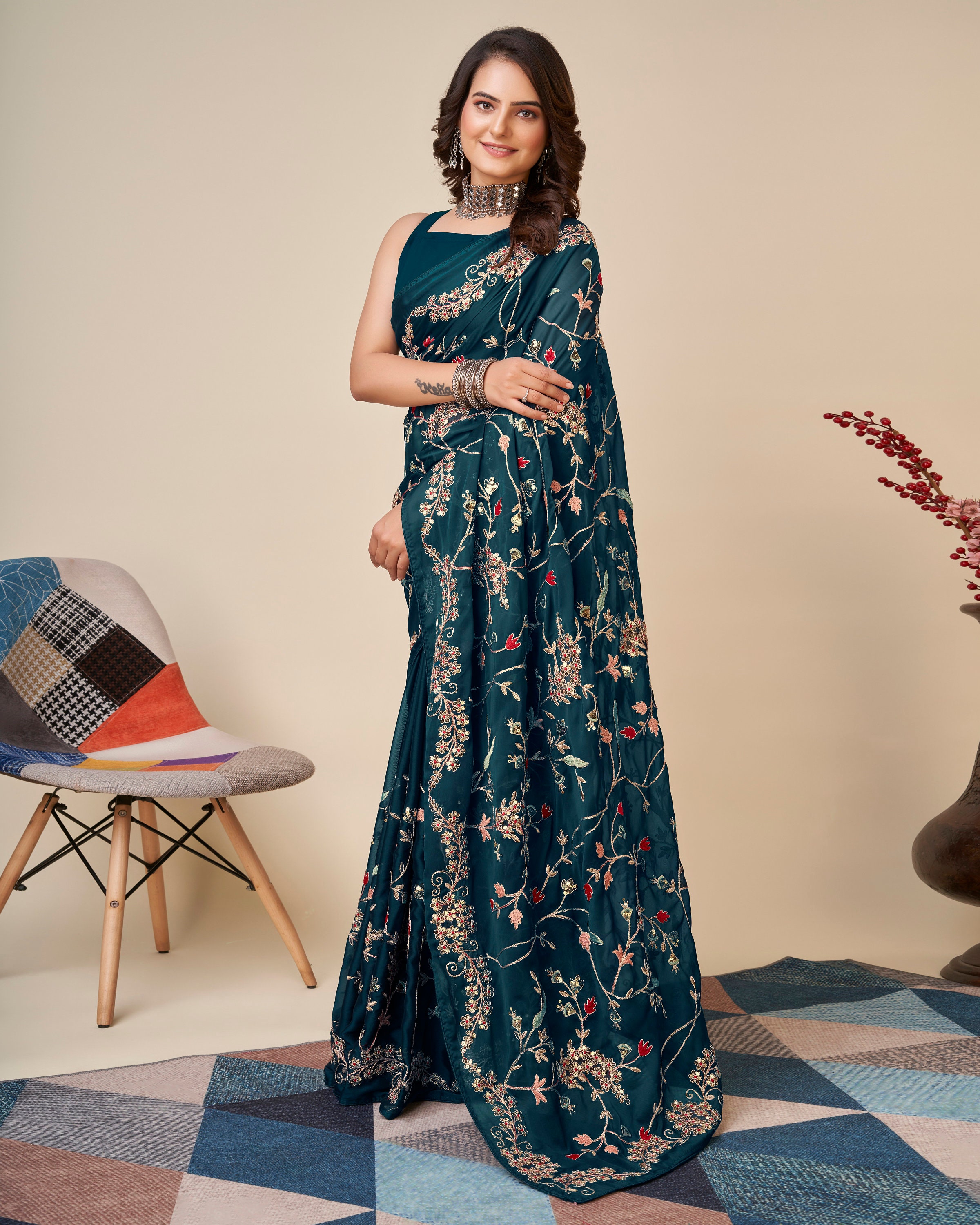 Deep Turquoise Color Rangoli Silk Thread Embroidered Saree, Saree for ...