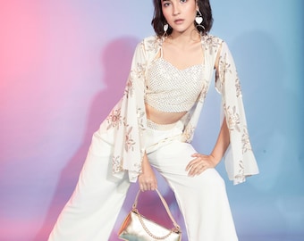 Pailletten-Georgette-Set: Bestickte Jacke, Crop Top & Hose mit weitem Bein