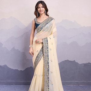 Embroidered Organza Silk Saree: Wedding Party Wear with Sequins Border