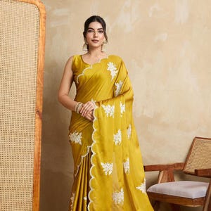 Elegant Banglory Silk Saree with White Thread Embroidery | Designer Yellow Saree for Festive & Party Wear | Saree with Blouse | Gift for Her