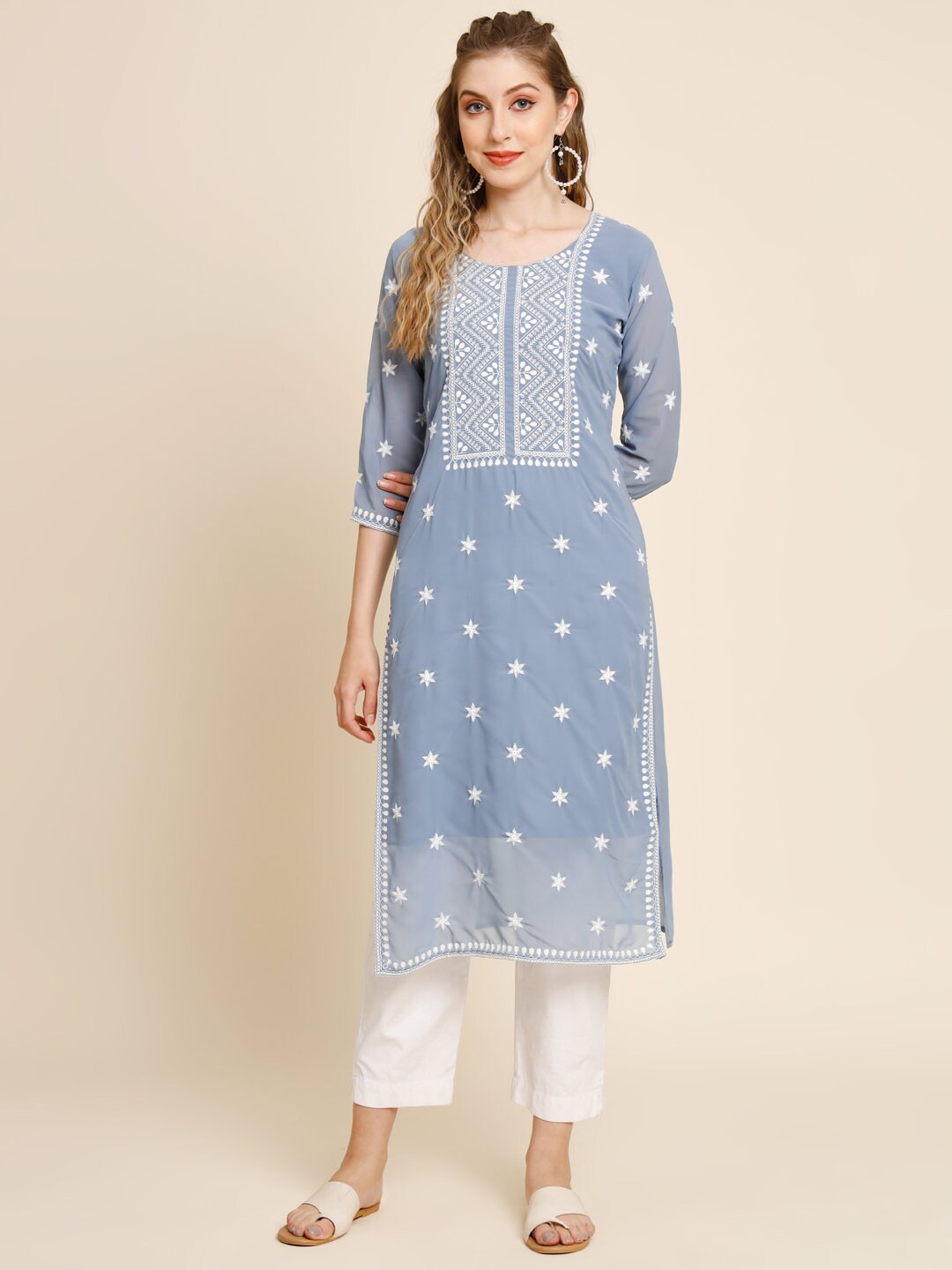 Women’s Georgette Chikankari Kurti – Designer Hand Embroidered Lucknowi Craft by Paridhan Chikan