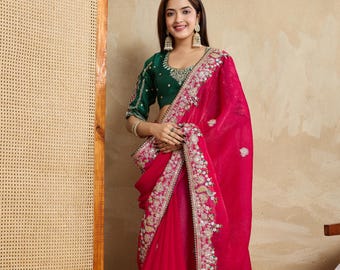 Magenta Chiffon Saree: Floral Embroidery, Sequins - Wedding Party Wear