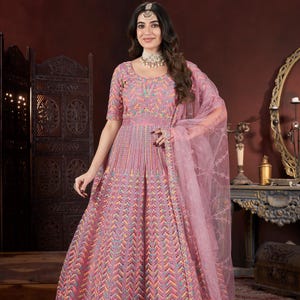 Elegant Designer Net Anarkali Long Gown with Intricate Thread Embroidery and Zarkan Work | Party & Wedding Outfit with Matching Net Dupatta