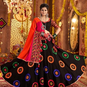 Black Mirror Work Lehenga Choli: Viscose Cotton Garba Outfit