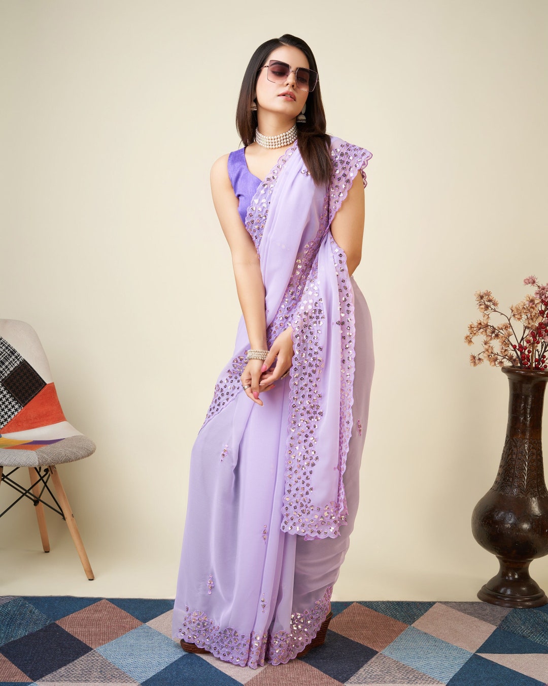 Lavender Colour Georgette Saree, Wedding Wear Saree, Bollywood Saree ...