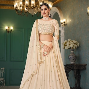 Beige Georgette Lehenga Choli with Thread Sequin Embroidery | Semi-Stitched Wedding & Partywear Lehenga | Indian Ethnic wear with Dupatta