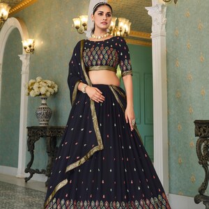 Black Georgette Lehenga Choli with Thread Sequin Embroidery | Semi-Stitched Wedding & Partywear Lehenga | Indian Ethnic wear with Dupatta