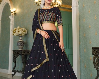 Black Georgette Lehenga Choli: Thread Sequin Embroidery, Indian Wedding Wear