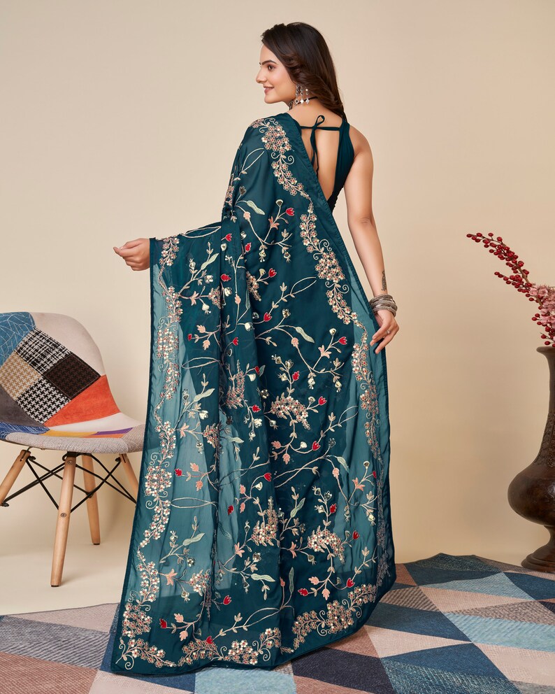 Deep Turquoise Color Rangoli Silk Thread Embroidered Saree, Saree for ...