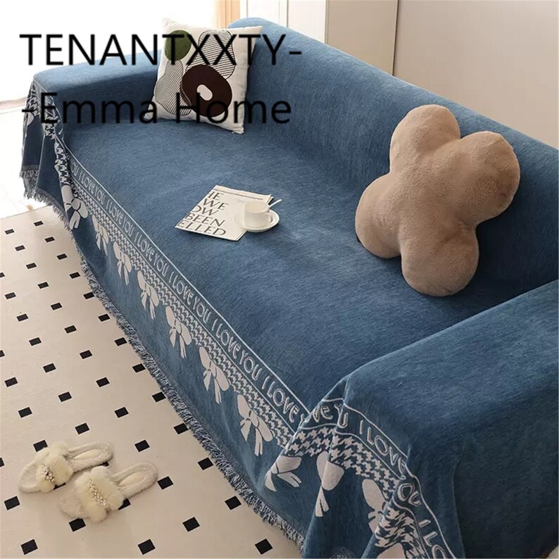 One Piece Sofa Cover, Chenille Sofa Slipcover, Couch Cover With Tassel, Bow Pattern Sofa Cover
