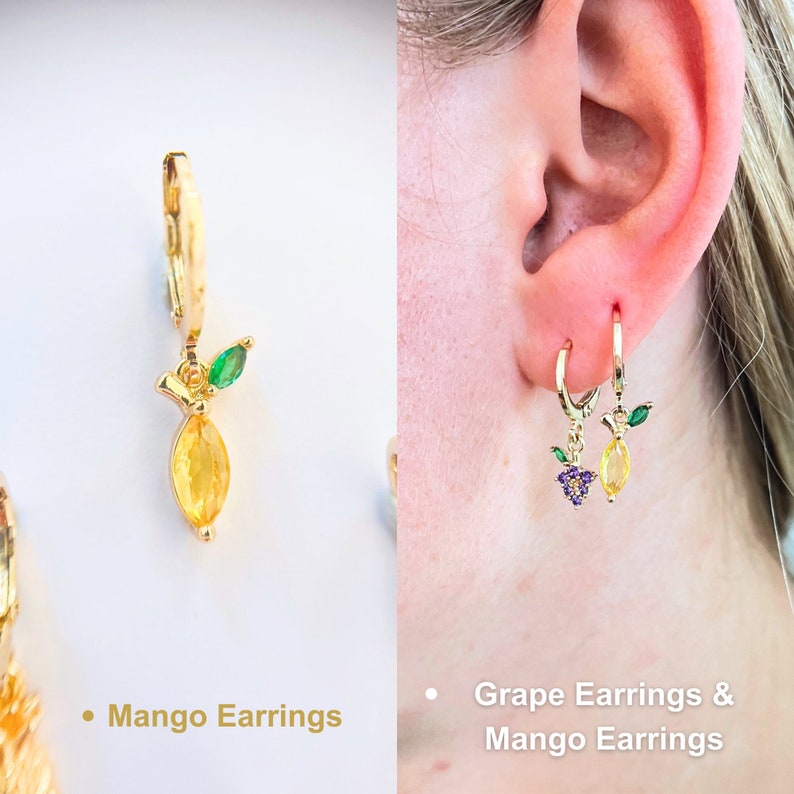 Mango hoop earrings. The yellow zirco with the fresh green leaf. meticulously crafted from high-quality 14K Gold-filled materials. These hoops exude elegance and playfulness, featuring designed mango charms add a touch of tropical joy to ensemble.