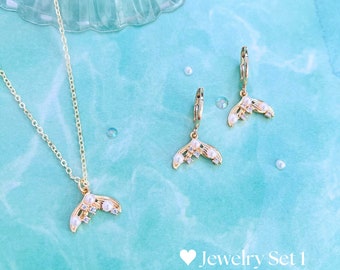 Gold Mermaid jewelry set mermaid necklace pendant mermaid earrings daughter mermaid birthday party under the sea jewelry ocean lover gift