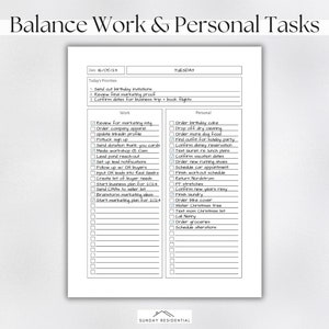 May include: A printable planner page with a checklist for balancing work and personal tasks. The page is titled "Balance Work & Personal Tasks" and includes a date field, a section for "Today's Priorities", and two columns labelled "Work" and "Personal".