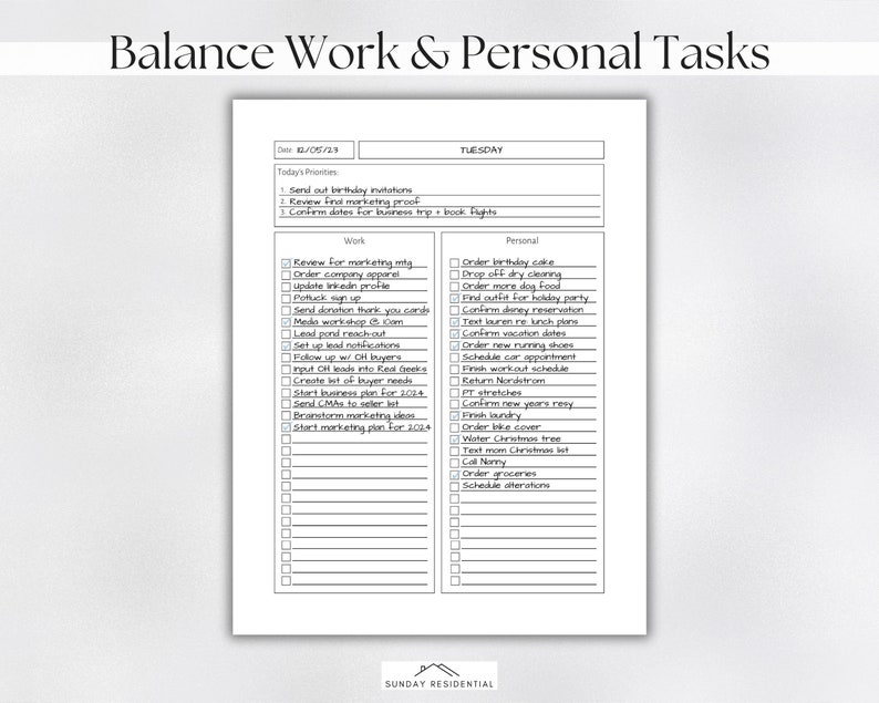 May include: A printable planner page with a checklist for balancing work and personal tasks. The page is titled "Balance Work & Personal Tasks" and includes a date field, a section for "Today's Priorities", and two columns labelled "Work" and "Personal".
