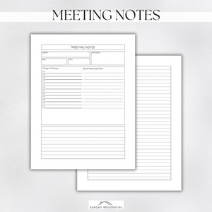 Meeting Notes Printable Template, Meeting Minutes, Meeting Agenda, Business Note Taking, Instant Download, Printable & Fillable PDF
