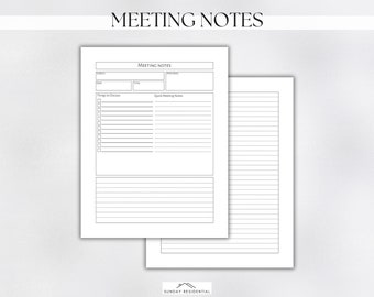 Plantilla imprimible de notas de reunión, actas de reunión, agenda de reunión, toma de notas comerciales, descarga instantánea, PDF imprimible y rellenable