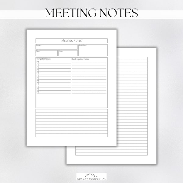 Meeting Notes Printable Template, Meeting Minutes, Meeting Agenda, Business Note Taking, Instant Download, Printable & Fillable PDF