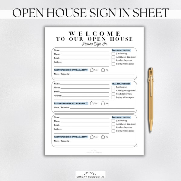 Open House Sign In Sheet - Printable, Digital Download, Simple Client Sign In, Open House Registry, Real Estate Template