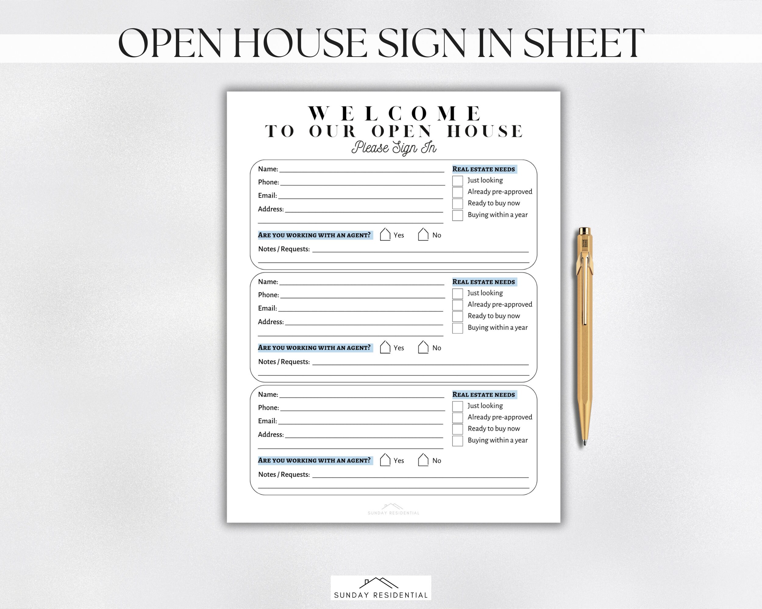 Open House Sign in Sheet Printable, Digital Download, Simple Client Sign In, Open House Registry