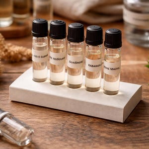 Parfymingrediensupptäcktskit – Aromprover av bärnsten, trä, karamell och rök (10 material)