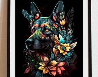 May include: A black and white German Shepherd dog with colorful flowers and leaves around its head. The dog's fur is a mix of black and white, and the flowers are a variety of colors, including red, orange, yellow, and blue.