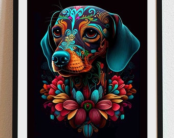 Dachshund 03 - Dia De Los Muertos, Dog portrait, DIGITAL DOWNLOAD, Day of the Dead, Dog Gift, Pet Gift, Sugar skull, loss of pet, pet art