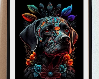 May include: A black Labrador Retriever with a colorful floral design on its face and neck. The dog is surrounded by flowers and leaves, and the background is black.