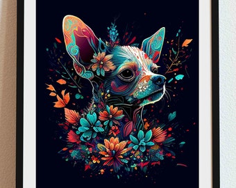Chihuahua 04-Dia De Los Muertos, Dog portrait, DIGITAL DOWNLOAD, Day of the Dead, Family Dog Gift, Pet Gift, Sugar skull, loss of pet