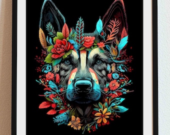 May include: A black and white German Shepherd dog's head with a colorful floral wreath around its neck. The flowers are red, blue, yellow, and green. The background is black.