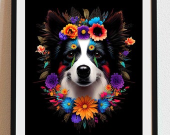 ボーダーコリー 01 - デジタルダウンロード、死者の日、犬の肖像画、死者の日、犬のギフト、ペットのギフト、シュガースカル、ペットの死、アート