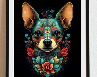 Chihuahua 06 - Dia De Los Muertos, Dog portrait, DIGITAL DOWNLOAD, Day of the Dead, Dog Gift, Pet Gift, Sugar skull, loss of pet, pet art