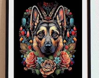 May include: A black and white German Shepherd dog portrait with a floral wreath of red, orange, yellow, blue, and green flowers on a black background.
