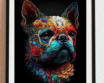 Frenchie 05 - Dia De Los Muertos, Dog portrait, DIGITAL DOWNLOAD, Day of the Dead, Dog Gift, Pet Gift, Sugar skull, loss of pet, pet art