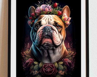 May include: A French Bulldog wearing a flower crown with red and pink flowers. The dog is looking directly at the viewer with a serious expression. The background is black with a floral pattern.