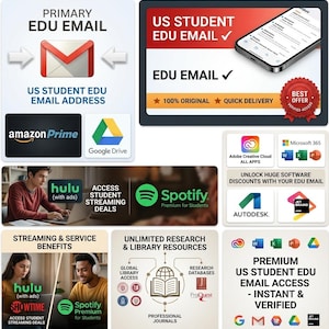 Op de afbeelding: Een digitale grafische advertentie voor Amerikaanse studenten-EDU-e-mailadressen, met logo's van Amazon Prime, Google Drive, Hulu, Spotify, Adobe Creative Cloud, Microsoft 365, Autodesk en JetBrains, met tekst over streamingdeals en onderzoeksbronnen.