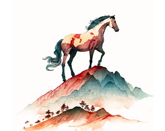 Aquarelle Cheval - Au sommet du monde