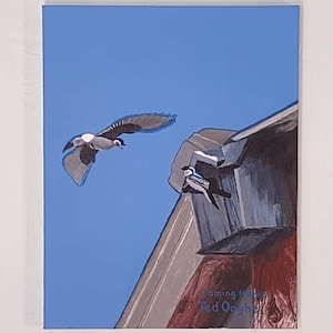 Coming Home, Giclee Archival Print of Original acrylic painting, barn swallow coming to land at home and their mate, deep blue sky