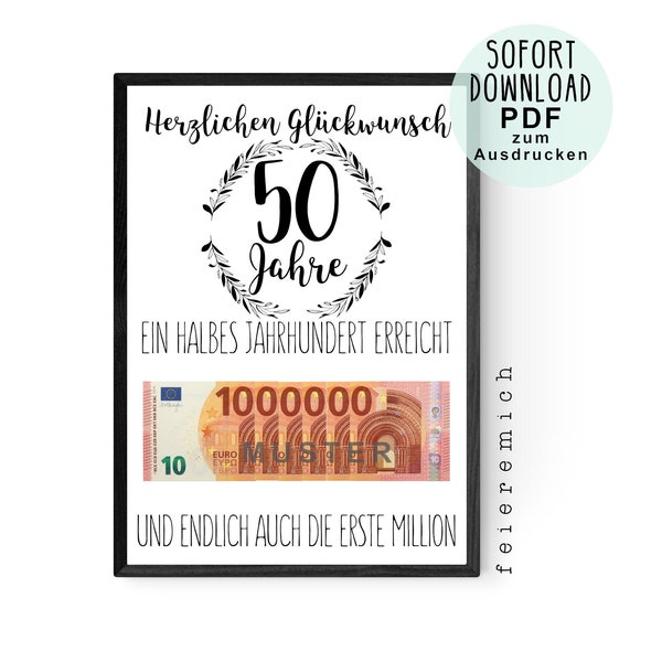 Geldgeschenk 50. Geburtstag Geldverpackung Geld verschenken Geburtstagsposter fünfzig fünfzigster Geburtstag
