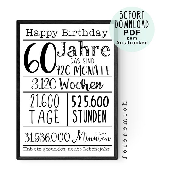 Geschenk zum 60. Geburtstag Poster Geburtstagsposter Geburtstagsdeko sechzig sechzigster Geburtstag