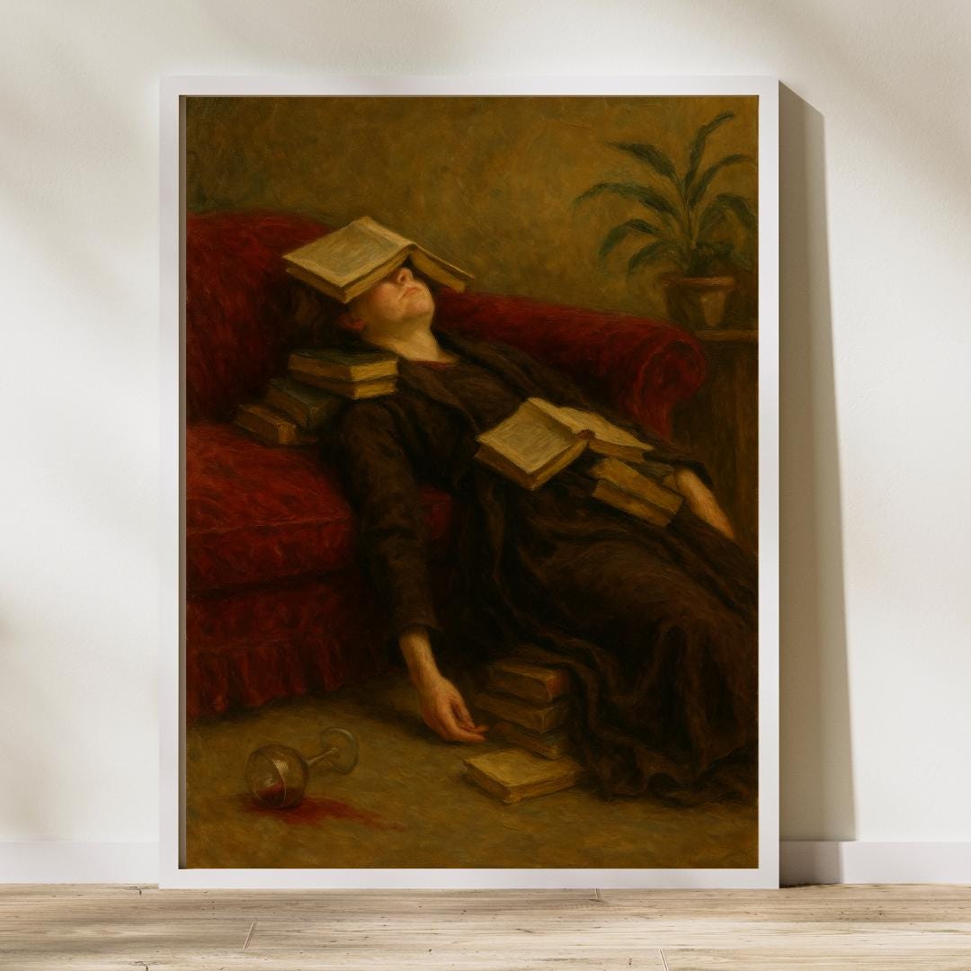 Book Overload Art Print: Funny Moody Woman on Vintage Couch (digital ...